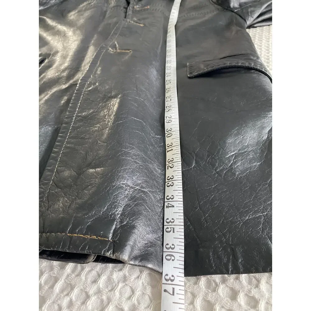 Vintage Lightly‎ Distressed Black Leather Trench Coat Wooden Button Mens Med 38